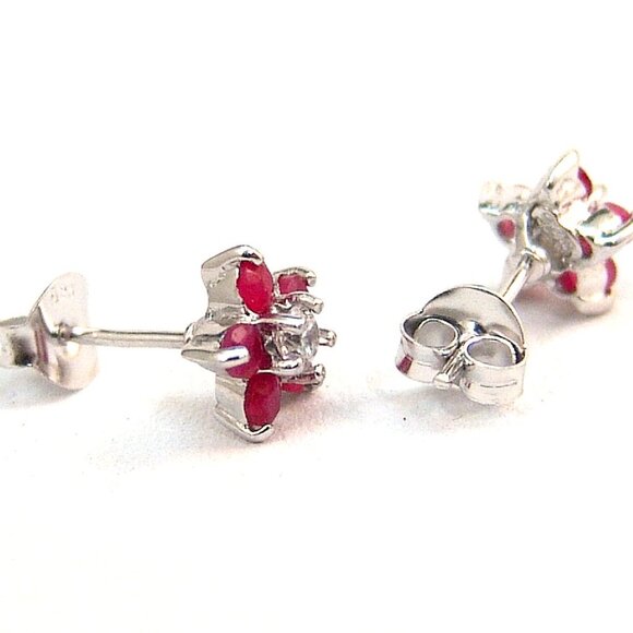 Genuine Ruby Sterling Silver Stud Earrings Anti-tarnish Flower Design - Picture 4 of 4